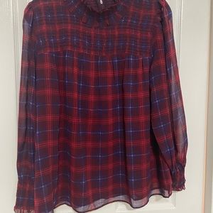 Ann Taylor Plaid High Neck Blouse- Sz L
